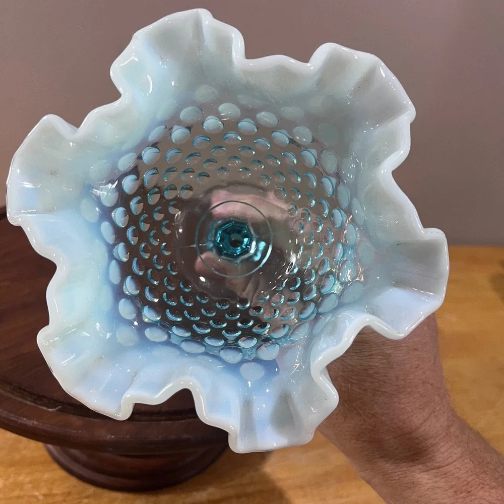 Vtg Fenton Blue Opalescent Hobnail Ruffled Glass Compote‎ MCM Candy Dish 6